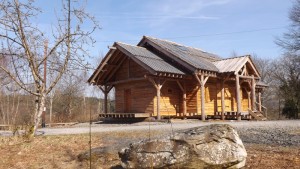 External view of Roundwood timber frame and straw bale woodland centre.