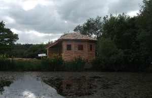 Roundwood timber frame with wood shingle roof, bird hide.
