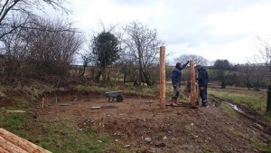 Raising uprights for Round House Mandan frame.