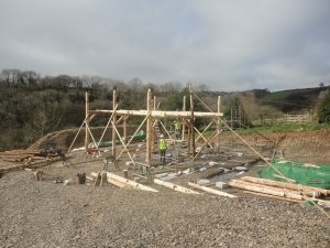 Raising the roundwood timber frame home.