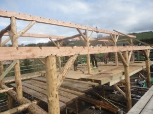 A view through the top floor of the roundwood timber frame home.