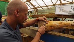 Getting to work on the frame on Tree to Frame round wood timber framing course.