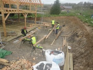 View of roundwood timber frame workshop.