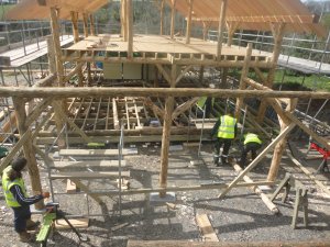 View of roundwood timber frame workshop.